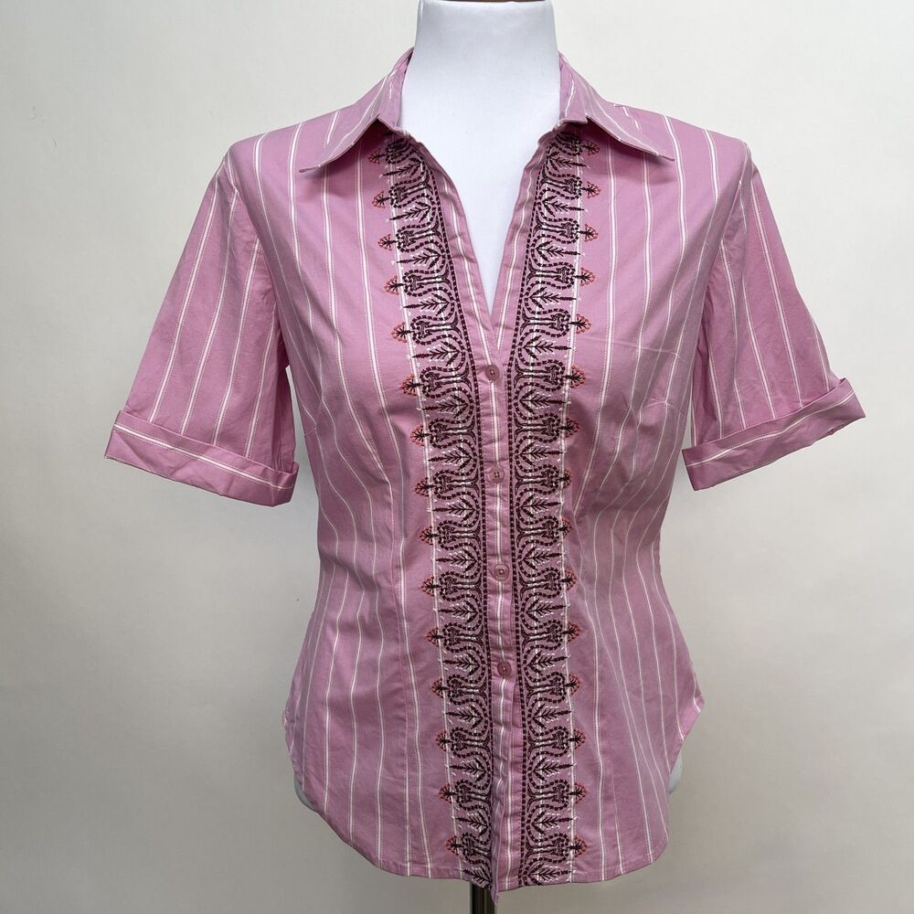 New York‎ & Company Women's Top Medium Pink White Stripes Embroidered